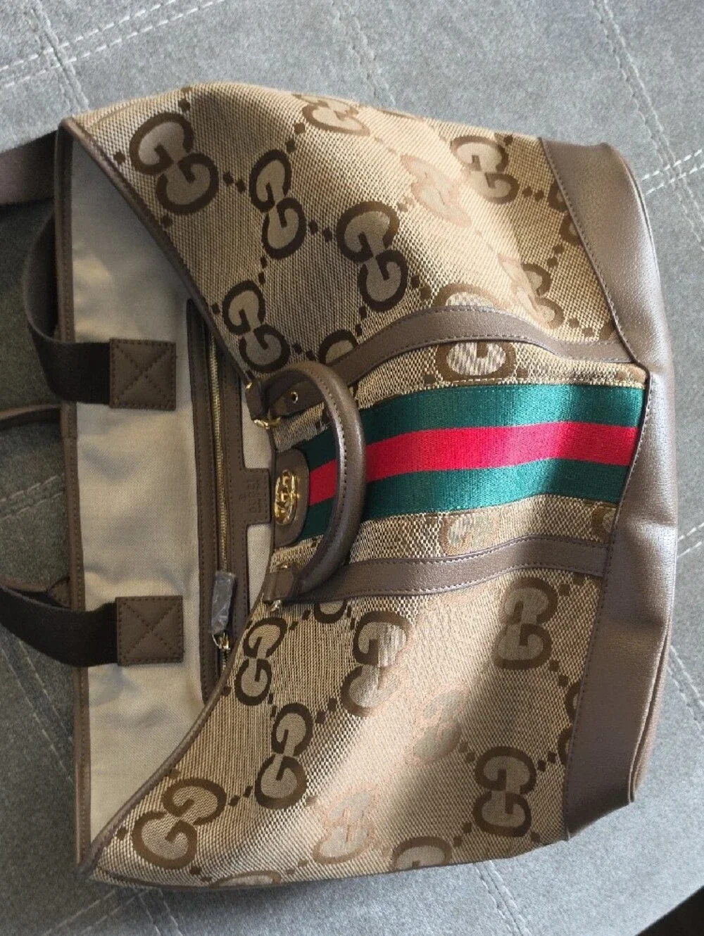 Gucci Brown GG Canvas Tote with Green and Red Web Stripe